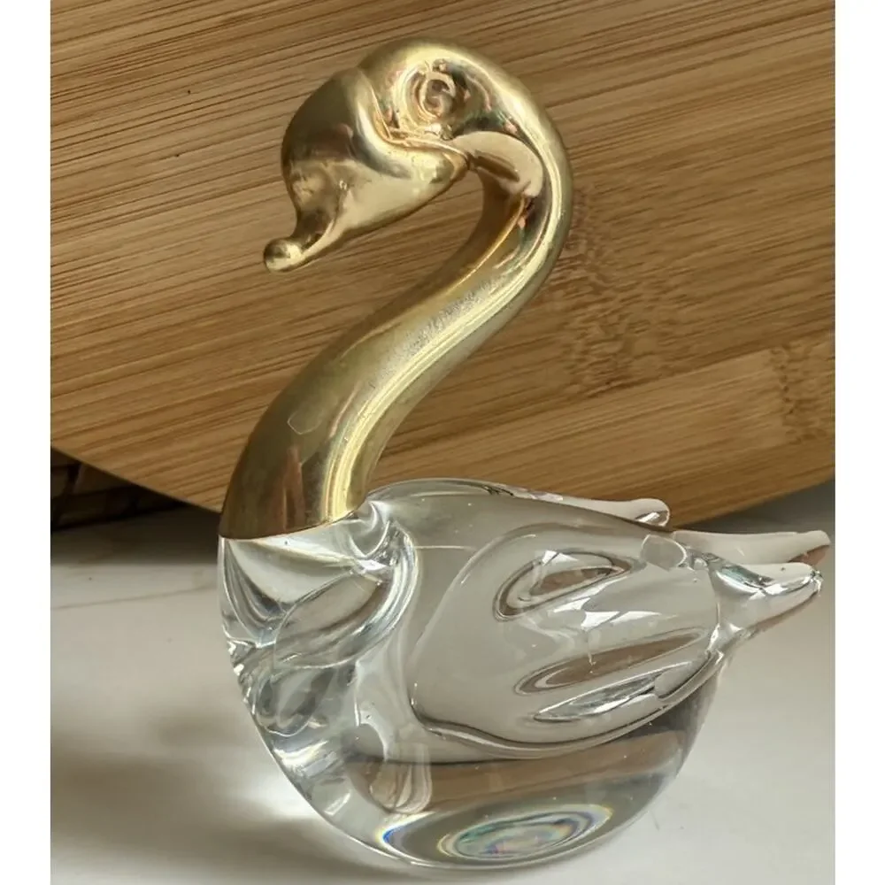 Art Glass Swan with Gold Colored Head Neck and Controlled Bubbles in Body 3x3